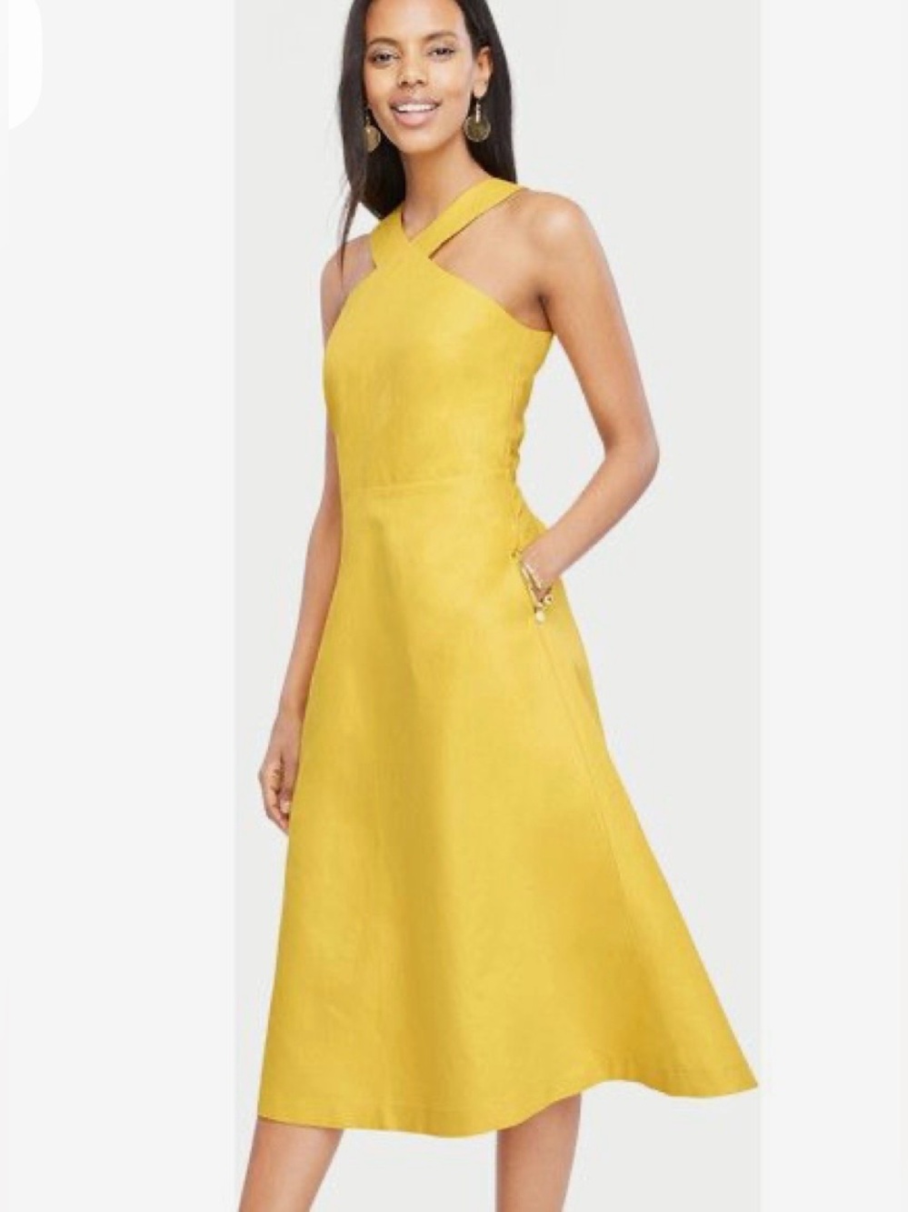 Ann Taylor Halter Linen Blend Mustard Yellow Midi Dress Size 4 NWOT
